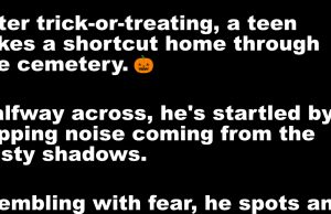 A teen takes a shortcut home after trick-or-treating