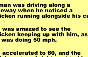 A man noticed a chicken running alongside his car