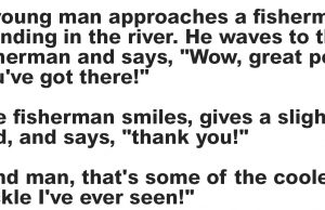 A young man approaches a fisherman standing in the river