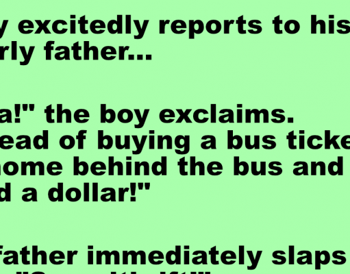 A boy excitedly reports to his miserly father.