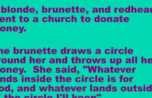 A blonde, brunette, and redhead went to a church to donate money.