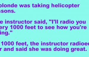 A blonde woman was taking helicopter lessons.