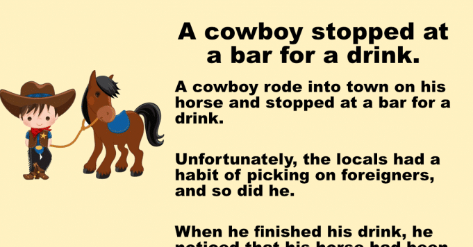 A cowboy stopped at a bar for a drink.