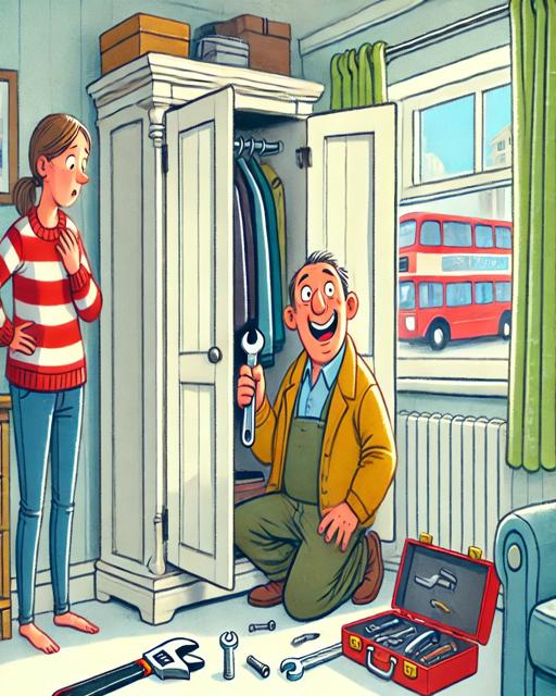 A woman has a problem with her wardrobe door in the bedroom.