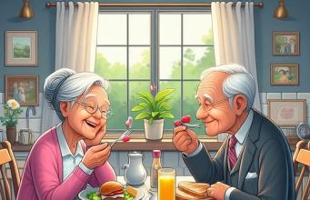 An elderly couple was enjoying breakfast on a peaceful morning