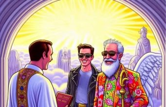 A priest arrives at the Pearly Gates and waits in line.