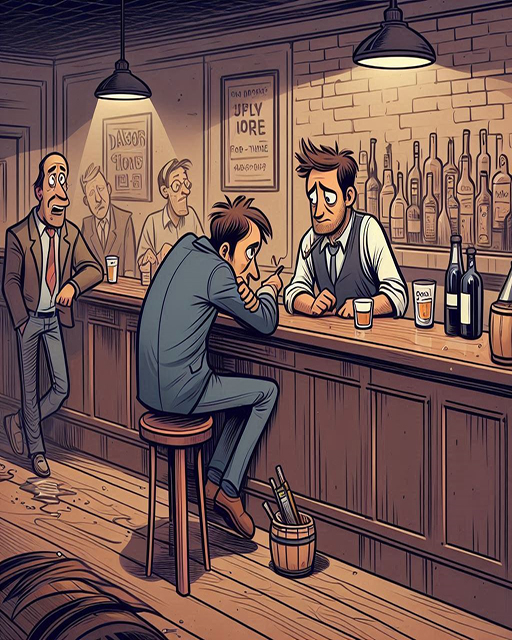 A depressed man walks into a bar and sits down.