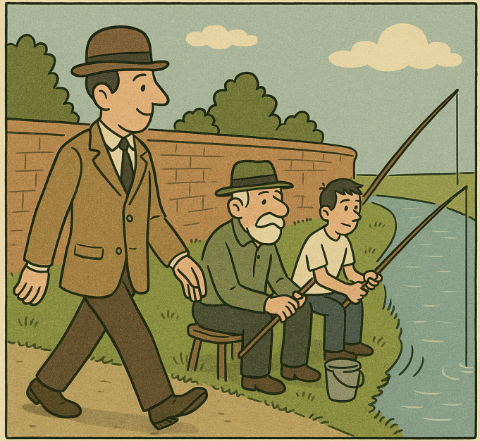 A gentleman strolling alongside a canal