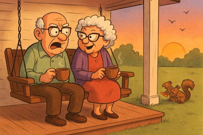 An elderly couple, Bert and Edna, are sitting on the porch swing