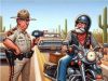 An Arizona Highway Patrol officer stops a Harley rider for traveling faster than the posted speed limit.