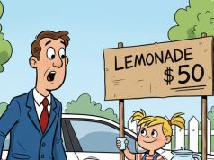 A stockbroker walks past a kid selling lemonade