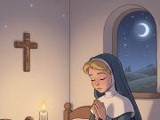 A blonde nun was praying in her room