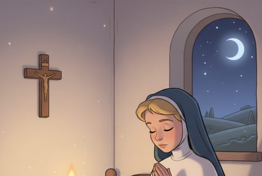 A blonde nun was praying in her room